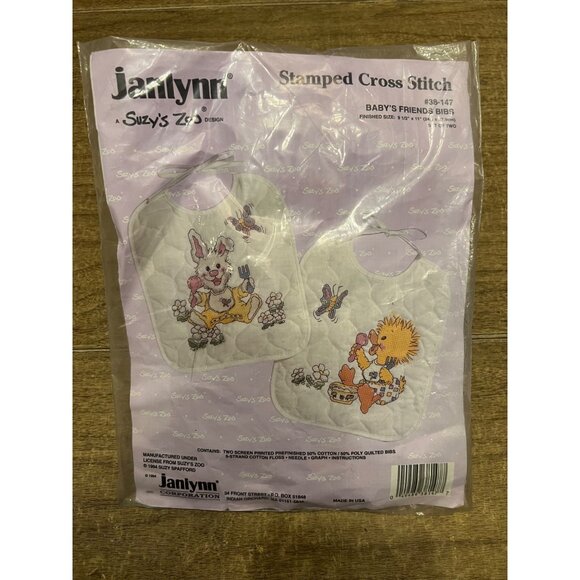 VTG Janlynn Suzy’s Zoo Stamped Cross Stitch Craft Kit Baby Bibs “Baby’s Friends” - Picture 1 of 4